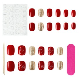 Christmas Red Press on Nails Short Square Fake Nails with Snowflake Designs Xmas Gold Glitter False Nails Glossy Full Cover Stick on Nails Acrylic Winter Artificial Nails for Women 24 Pcs