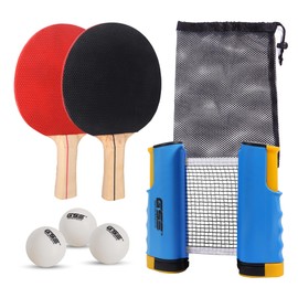 GSE Games & Sports Expert Ping Pong Paddle Set, Portable Table Tennis Set with Blue Retractable Ping Pong Net & Post, 2 Paddles & 3 Balls, Anywhere to-Go Ping Pong Game for Any Tables