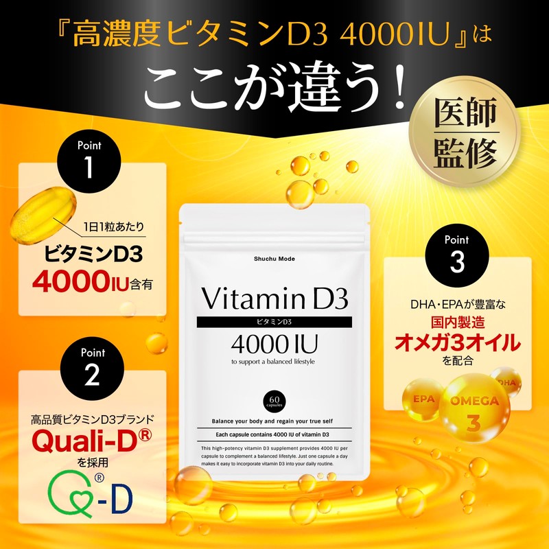 【高濃度ビタミンD3を4000IU配合ｘオメガ3】 ビタミンd サプリ ビタミンd3 【医師監修】60日分【Quali-D100%使用】国内製造（3袋セット）