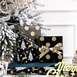 LeZakaa Reversible Christmas Wrapping Paper - Jumbo Roll - Christmas Tree, Reindeer & Gold Dot in Black - 30 inches x 100 Feet (250 sq.ft.)