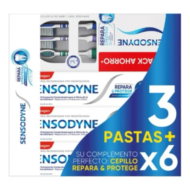 Pack Sensodyne Repara Protege 3 Pastas 100ml C/u +6 Cepillos