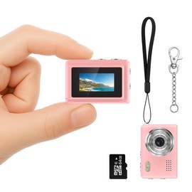 Mini Digital Camera, 0.96in Small Keychain Camera, 1080P Point and Shoot Digital Camera with 64GB TF Card, 6 Filters, Fill-in light, Keychain, Landyard, USB Cable for Boys Girls Teens Adult Charging Compact Pink - Color: Pink