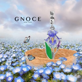 GNOCE Flower Pendant Charm 925 Sterling Silver Dangle Charm Inlaid with Crystal Oval Cut Zircon Colorful Gemstones Multicolor Enamel Fit Bracelet/Necklace for Women Girls Wife Daughter (Purple Iris)