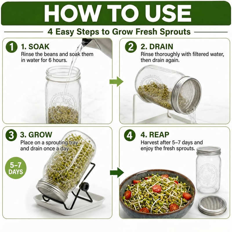 4 Large 1000ML Wide Mouth Mason Jar Sprouting Kit, with