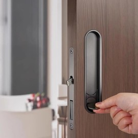 AcxdJnye Privacy Pocket Door Lock Hardware with Pull,Recessed Sliding Door Lock Handle Latch for Bathroom,Barn,Bedroom Furniture Hardware, Gold