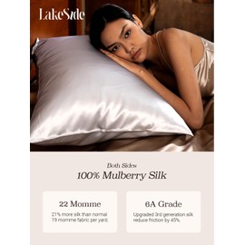 Lakeside Silk 100% Pure Mulberry Silk Pillowcase - 22 Momme 6A Grade - Nighttime Skincare & Hair Care Hydrating Pillow Cover - Sponge Wash Bag Included - Best Gift (Ice Flow, Standard (20"x26"))