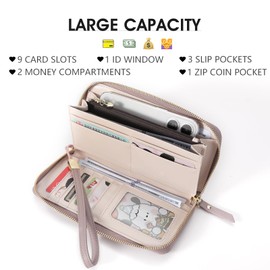 Pomelo Best Womens Wallet RFID Blocking Leather Multi Credit Card Large Capacity Zip Around Wallets Clutch Wristlet Travel Flower Long Purse for Women Brown, Linen Blue