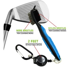 Yoport - cepillo para polvo y limpiador de ranura para palos de golf, con cierre retráctil, mosquetón de aluminio, ligero y elegante, diseño ergonómico, se fija fácilmente a la bolsa de golf, azul+negro