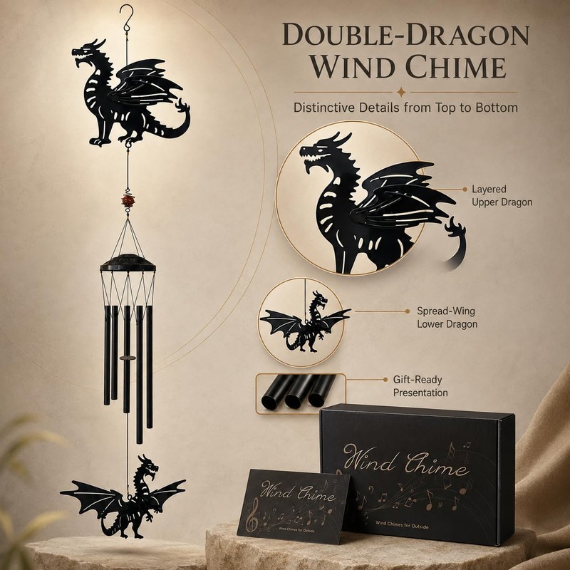 41" Large Dragon Wind Chime with Moving Spring Wings, Windchime
