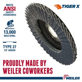 Weiler 51224 Tiger X Flap Disc, Ceramic and Zirconia Alumina, Flat, Phenolic Backing, 60 Grit, 4-1/2", 7/8" Arbor Hole (Pack of 10)