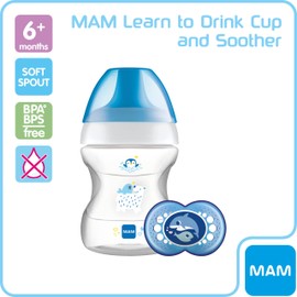 MAM Learn to Drink Cup, Bottle Handles and Soother, 6+ Months Baby Cup with Removable Handles, Baby Feeding Accessories, 190 ml, Blue (Designs May Vary)