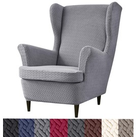 HFCNMY Wingback Chair Slipcover, 2 Piece Stretch Jacquard Wingback Chair Covers Thick Wing Back Chair Covers with Arms Wing Chair Slipcover Wing Back Chair Cover with Elastic Bottom Gray