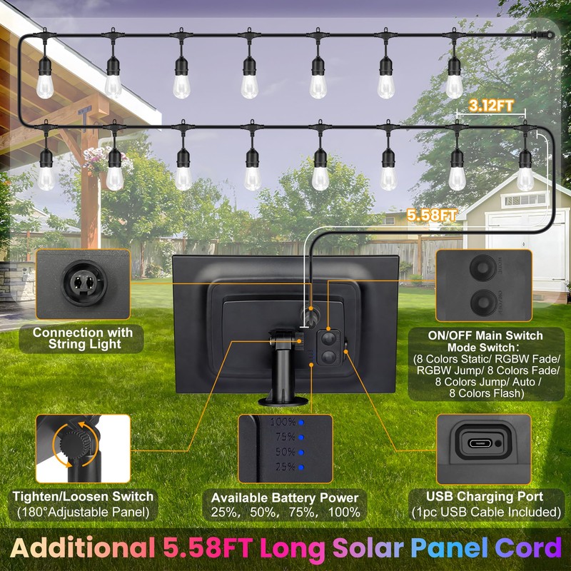 Larkvue 100FT(2x50FT) RGB Solar Outdoor String Lights with Remote, Multicolor&Warm