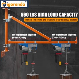 Bigorenda Wall Mount Jib Crane,Hoist Bracket,660lbs Max Load Capacity Electric Scaffolding Lift,All Steel Construction,Electric Hoist Holder Swing Arm with Pole,Shop Crane Jib with 180 Degree Rotation