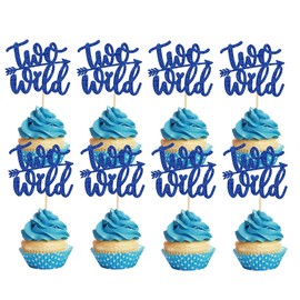 24 piezas de decoración para magdalenas salvajes con brillantina azul profundo para bebé niña niño segundo cumpleaños cupcakes decoraciones para celebrar niños segundo cumpleaños aniversario boho fiesta temática suministros