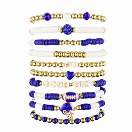 ARZASGO 10 Pack Game Day Bracelets for Women, Stackable Heishi Bracelets Clay Beaded Stretch Friendship Bracelets, Football Charm Bracelet Sport Fans Outfits Jewelry Gifts,Blue