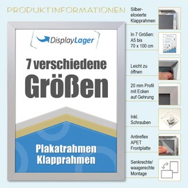 DisplayLager - Flat Profile Folding Frame, Thin 20 mm Aluminium Profile, Anti-Reflective Protective Screen, Mounting Material (Silver, A4)