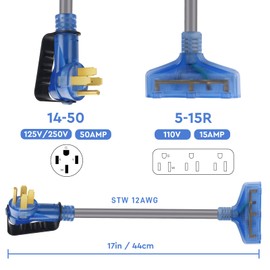 ElecStream Tech 50 amp to 110 Adapter，4 Prong 50 Amp to 15 Amp RV Generator Power Cord，Nema 14-50P Male to 3X 5-15R Female with LED Power Indicator 18 inch Clean Blue