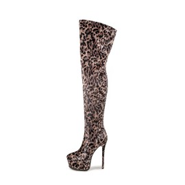 LINMUYOUJIA Thigh high boots Women's leopard Zebra Print Striped stretch Stiletto heel Platform Newspaper Over the knee Round toe Side back zipper Sexy unisex high heels-Brown-Leopard-880-42