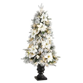 Nearly Natural 4ft. Flocked Artificial Christmas Tree with 223 Bendable Branches and 100 Warm Lights in Decorative Urn