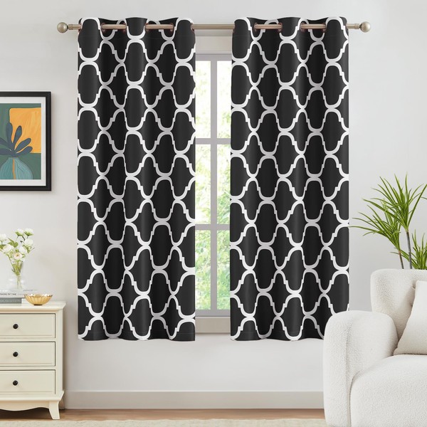 Melodieux Moroccan Fashion Thermal Insulated Room Darkening Blackout Grommet Curtains for Living Room, 42 by 63 Inch, Black (2 Panels)