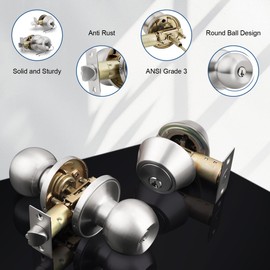 Knobonly Keyed Alike Exterior Door Knob, Round Outdoor Lock with Double Cylinder Deadbolt, Stainless Steel, Satin Nickel, 6 Pack