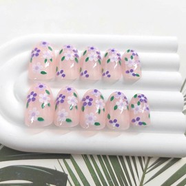 Oval Press on Nails Short Fake Nails with Purple Flower Green Leaves Designs Glossy Glue on Nails Cute Acrylic Nails Spring Summer False Nails Pink Full Cover Artificial Stick on Nails for Women 24Pcs