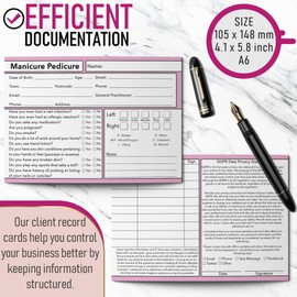Manicure Pedicure Nail Client Cards GDPR A6 Size - Salon and Therapist Customer Consultation Record - Treatment Services Essentials - Profile and Recording Forms - 105x148mm - Pack of 25