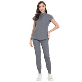 Meichoon Women's Medical and Nursing Scrubs Short Sleeve Set Stand Up Collar Stretch Top with 2 Side Pockets Tapered Drawstring Stretch Jogging Pants DK55Grey S