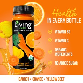 O2 Living Carrot Kick Organic Juice Drink - 4oz - 8 Pack - Cold-Pressed Juice Drink with No Added Sugars or Water, Natural Sweetness from Fruits, Packed with Nutrients & Vitamins, Refreshing, Non-GMO