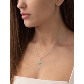 PYNZY Cross Necklace for Women, 925 Sterling Silver Butterfly Cross Necklaces Created Emerald Birthstone Pendants Christian Crucifix Baptism Jewelry