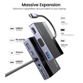 ORICO 7-in-1 USB-C Hub USB C Multiport Adapter with 4K HDMI, VGA, 100W PD, 5Gbps USB-A3.0×1, USB-A2.0×2, 3.5mm Audio×1, USB C Dock for MacBook Pro/MacBook Air/Dell/HP/Lenovo