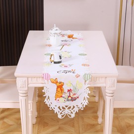 Easter Table Runner Floral Spring Table Topper Colorful Cutwork Embroidered Floral Bunny Eggs Pattern Table Centerpiece for Home Party Kitchen Dining Festival Decoration Rabbits 13"×35"