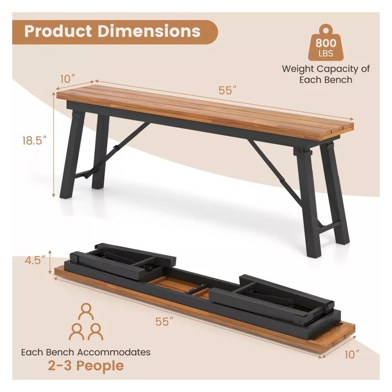 COSTWAY Indoor Outdoor Folding Acacia Wood Dining Benches Rectangular Camping