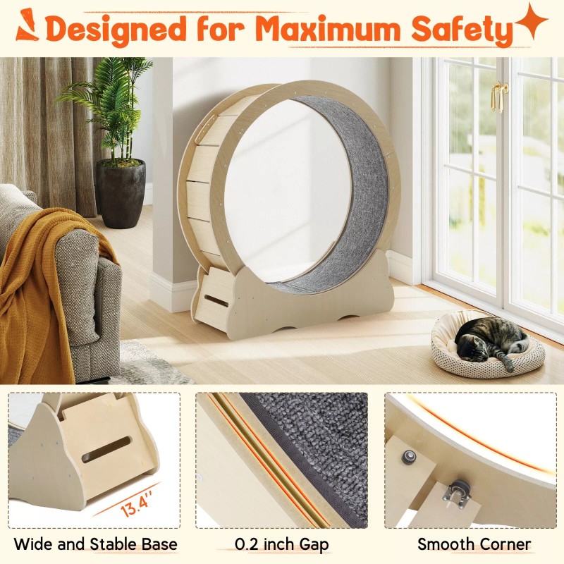 JFHID Large 46'' Wooden Cat Exercise Wheel Cat Treadmill Cat