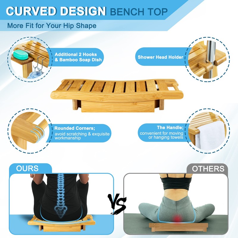 ETECHMART Bamboo Shower Bench with Back and Soap Dish, 2-Tier