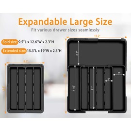 Homecor Silverware Drawer Organizer, Expandable Kitchen Drawer Organizer 19" X 15.3" Utensil Tray, Flatware and Cutlery Holder for Spoons Forks Knives, Kitchen Organizers and Storage, Black