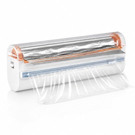 Refillable Magnetic Plastic Wrap Dispenser with Cutter, 2 in 1 Food Foil & Cling Film Dispenser for Aluminum Foil, Tin Foil, Plastic Wrap, Wax Paper, Baking Paper, Fits 12" Rolls (White)
