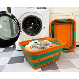 SAMMART 42L (11 gallons) Set of 2 Plastic Foldable Storage Basket/Container - Collapsible, Space Saving and Portable Laundry Hamper, Ideal for Home, Travel, Dorm (2, Autumn Leaf/Forest Green)