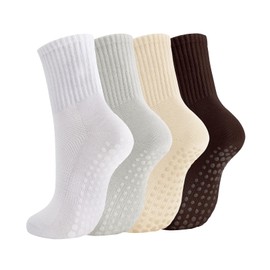 Breslatte Crew Pilates Socks with Grips for Women Non Slip Cotton Grip Socks for Yoga Hospital Barre Home Daily Mesh whitelightgreybeigebrown