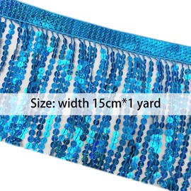 15cm*1Yard Sequins Fringe Trim Blue,Sparkling Fringe Trim Tassel Ribbon