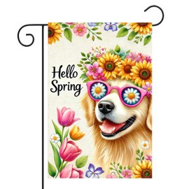 BlissYard Hello Spring Garden Flag 12x18 inch Double Sided Flower Crown Golden Retriever Dog Yard Flags Colorful Flowers Spring Outdoor Decor for Garden Patio Yard