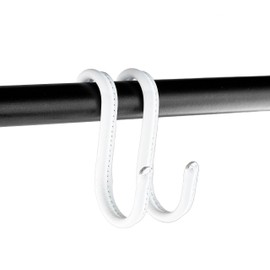 Brute Strength - S Hooks Wrapped in Full Grain Leather - Pack of 2 - White with White Stitching - 10cm Stainless Steel Metal Hanger Hanging Hook for Kitchen, Workshop, Bathroom