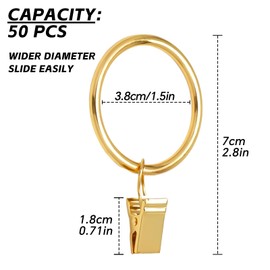 1.5 inch Curtain Rings, 20 Pcs Curtain Hook Clips, Metal Curtain Rings with Clips for Holding Curtains Rod Set and Drapes, Gold