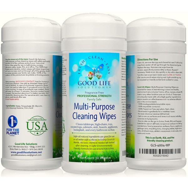 All Natural Surface Cleaning Wipes - 100% Made In the USA, Kitchen, Bathroom, Nursery, Auto, Office, RV, Boat - Non-Toxic, Plant-Based Ingredients, Durable All Cotton, Fabric, Compostable, Biodegradable. 1- (30 count can)