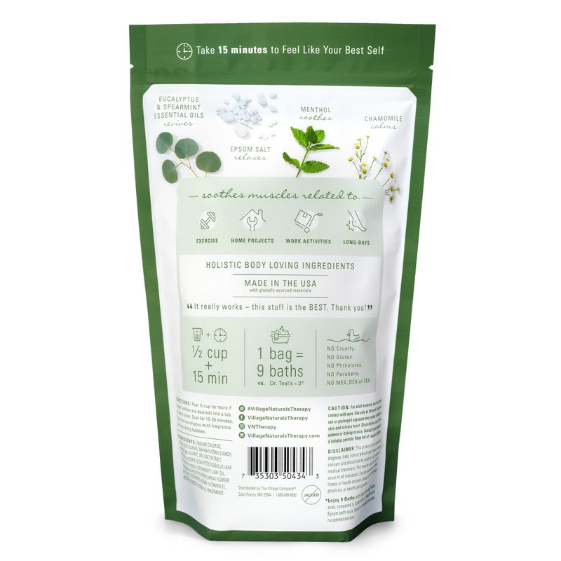 Village Naturals Therapy Muscle Foaming Epsom Soak, Eucalyptus Mint Scent,