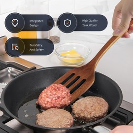 AYFDISHS 12-Inch Wooden Slotted Spatula - Natural Acacia Flat Wood Spatula for Cooking, Long Handle Turner for Nonstick Pans, Handmade Wooden Kitchen Utensils for Woks & Cookware