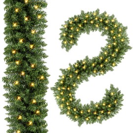ENVEN 9FT Pre-lit Christmas Garland with 50 LED Lights, Holiday Artificial Decor Mantle Walls Stairs Fireplaces Indoor Outdoor Lighted Garland with 8 Mode Timer Waterproof Battery Operated 2 Pack