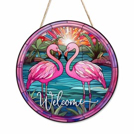 Beabes Welcome Porch Wood Sign Flamingos by the Sunset River Round Hanging Plaque Sign for Porch Yard, Housewarming Present, 12x12inch