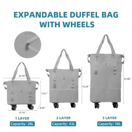 Finnhomy 50L Expandable Rolling Duffel Bag with Wheels Foldable Duffel Bag for Travel Carry on Bag with Wheels Luggage Travel bag Detachable Wheel Duffel Bag for Shopping Travel Outdoor, Grey